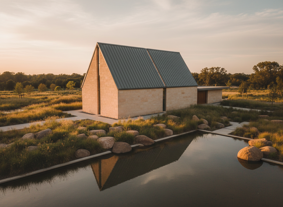 An aerial view of a contemporary standalone chapel nestled in a serene landscape, its simple rectangular form clad in light-colored stone with a sharply pitched roof of matte metal. A narrow vertical skylight runs the length of the roof ridge, suggesting a ribbon of light within. Surrounding the chapel is a carefully composed garden of native grasses, smooth boulders, and a shallow reflecting pool that mirrors the sky. Captured in warm golden hour light, the building casts gentle, elongated shadows across the grounds. Photographic realism with crisp detail emphasizes harmony between architecture and nature, conveying hope, stillness, and inclusive spirituality.