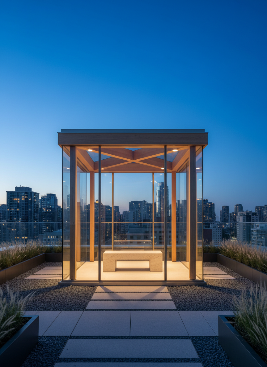 A private rooftop chapel pavilion on a city building, a glass and timber cube set within a minimalist garden of gravel, pavers, and low planters with grasses. Inside, a single monolithic bench of light stone faces a clear view of the sky framed by the structure’s slim wood beams. The city skyline is softly blurred beyond, suggesting context without distraction. Captured at blue hour just after sunset, the interior glows warmly while the sky deepens to rich indigo. Photographic realism from a mid-distance viewpoint, with balanced composition, conveys refuge, contemplative solitude, and modern elegance above the urban bustle.