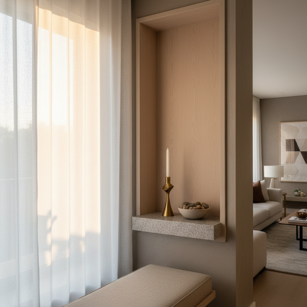 A compact home chapel corner integrated into a modern living space, featuring a built-in pale wood niche with a floating stone shelf, a single sculptural candle holder, and a small bowl of river stones. The niche is set into a warm gray wall, adjacent to a large window with sheer white curtains that diffuse late-afternoon light into a gentle glow. A low bench with linen upholstery completes the setting. Photographic realism, shot from a slightly elevated angle using the rule of thirds, keeps the niche as the focal point while the rest of the room softly blurs. The atmosphere conveys solace and quiet devotion, sophisticated yet understated.