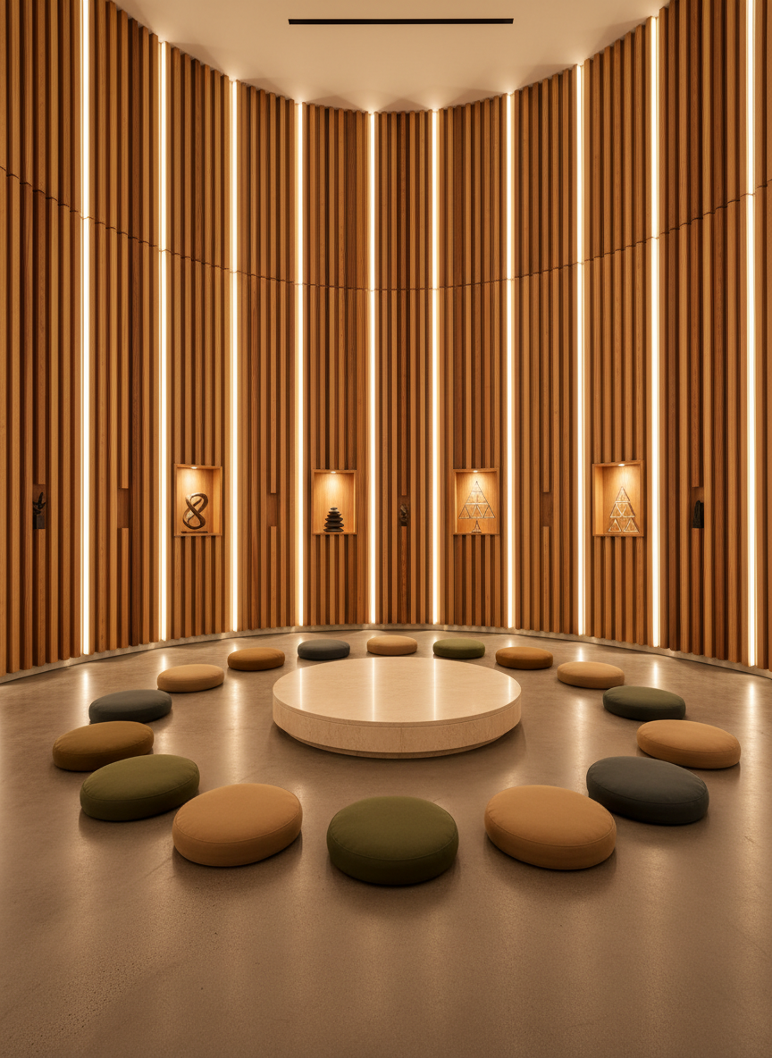 A serene multifaith meditation chapel designed within an urban building, featuring a circular room lined with vertical timber slats in varying warm tones. Between selected slats, concealed LED strips emit a gentle, warm glow, evoking sunrise. The central floor area holds a low circular platform of pale stone, surrounded by cushions in muted earth tones. Small niches in the wall display abstract sculptural forms inspired by diverse spiritual traditions, carefully non-figurative. Photographic realism, shot at eye level with a slightly wide lens, creates a sense of enveloping calm. The atmosphere is inclusive, hopeful, and deeply peaceful, with a refined modern aesthetic.