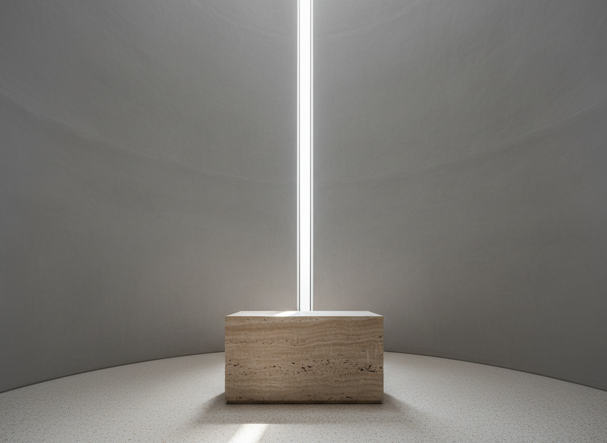 A minimalist chapel apse focused on the interplay of light and shadow: a smooth concrete wall in soft dove gray curves gently, interrupted only by a tall, hidden skylight slit that sends a blade of natural light onto a simple travertine altar block. The floor is pale terrazzo with unobtrusive flecks that catch the light subtly. No symbols or text, just pure geometry and material. Photographic realism with dramatic but soft side lighting, shot from a low angle looking up, highlights the luminous vertical path of light and the quiet power of the space. The mood is profoundly tranquil, sophisticated, and contemplative.