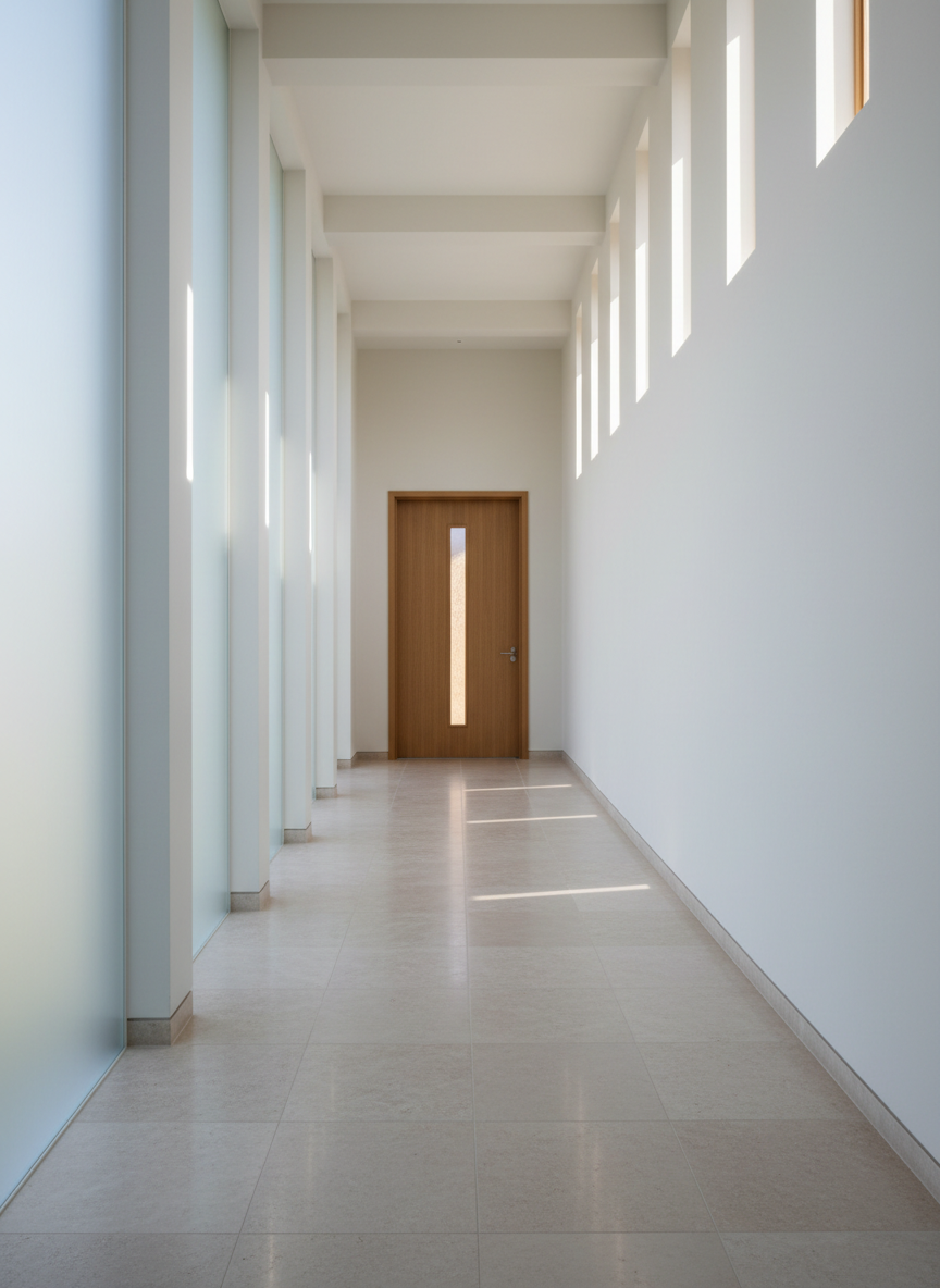 A daylight-filled chapel corridor leading to a small prayer room, with one side entirely composed of frosted glass panels and the other of smooth white plaster pierced by rhythmic narrow openings. Soft mid-morning light filters through the glass, creating a gradient of brightness along the polished limestone floor. At the end of the corridor, a simple wooden door with a slim vertical window glows with interior light. Photographic realism, composed with strong leading lines drawing the eye forward, emphasizes the sense of journey toward stillness. The mood is quietly uplifting and sophisticated, highlighting the architectural choreography of light and space.